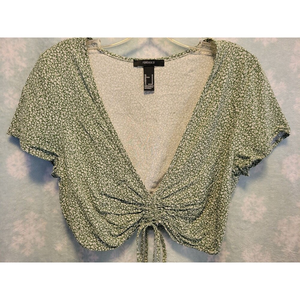 Y2K Milkmaid Fairy Green Floral Cropped Tie Front Shirt Med Daisy Cottage Flower